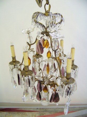 Early French Bagues 29" Crystal 6 Light Chandlier: With flowers & colored prisims. App 29" tall app. 19 1/2" deep base prisim = 3" across