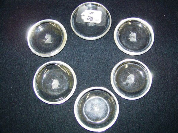 6 Steuben Signed Unicorn Etched Coasters: 3 3/8" across, 1 signed in script others with S