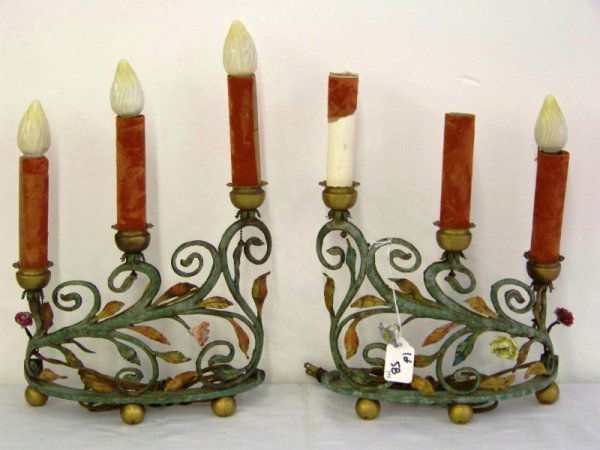 Pr Early Iron 3 Light Candelabras Lamps W/Porc. Flo: Resting on bronze/brass feet both numbered 11973 on backs, both semi circle design.13 1/4" tall 9 3/4" wide