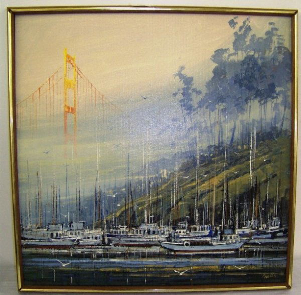 John Checkley Oil on Board of Boats: In frame size 25 1/4' wide 25 14' tall of sail boats and bridge