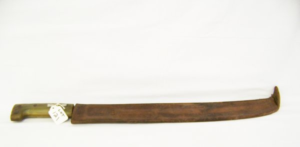 Legitimus Collins & Co Bakelite Handle Machete: With leather case 23" long. With hand chafed leather case