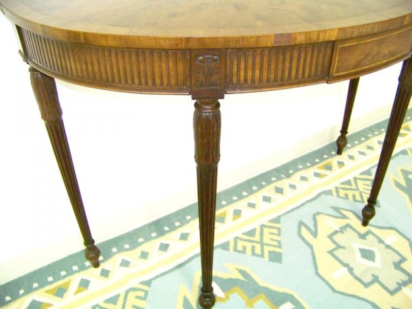Antique Inlaid Demilu Table: Standing 34" tall 48 3/8" wide & 21" deep. Slight sunburst design to top