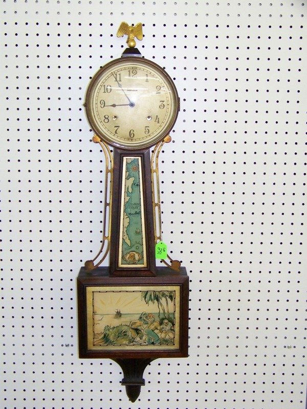 Early Ingraham 38" Tall Banjo Clock: With pirates looking for the treasure.10 5/8" wide