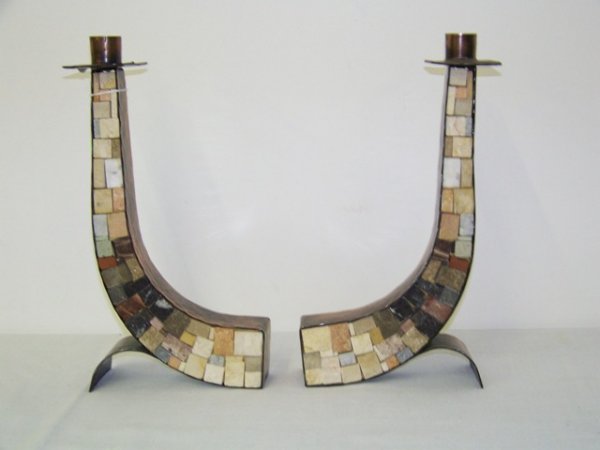 Pr Modern Hand Hammered Stone Inlaid Candle Sticks: App 10 1/2" tall 5 1/4" wide,with stone inlaids on both sides.