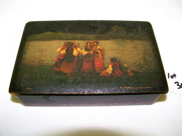 Russian 1939 Signed Hand Painted Box: Painted of women by lake signed & stamped on base Made in Soviet Union.5 5/8" long 3 1/2" wide 1 3/8" tall