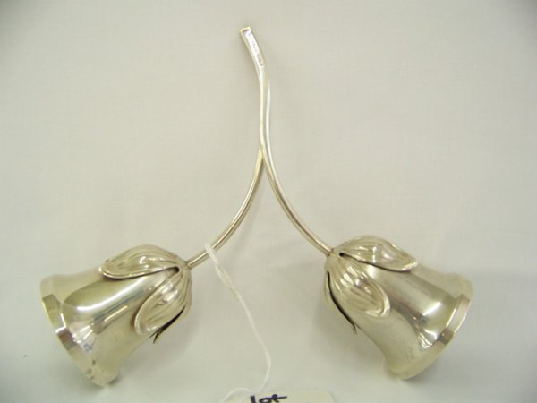 G Jensen? Denmark Modern Silver Bells: Great modern design of double bells Jensen Style. Stamped Denmark 889 with hallmark.app. 6" tall app 6 3/4" across