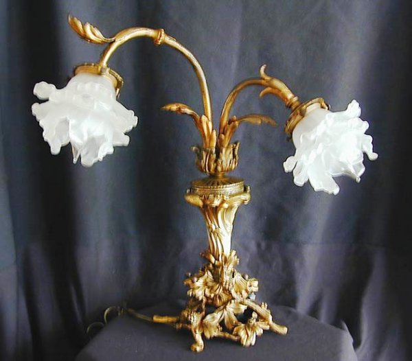 C 1900 Dore Bronze Signed Brandt Lamp: With glass flower form shades, 17"H x 16" W