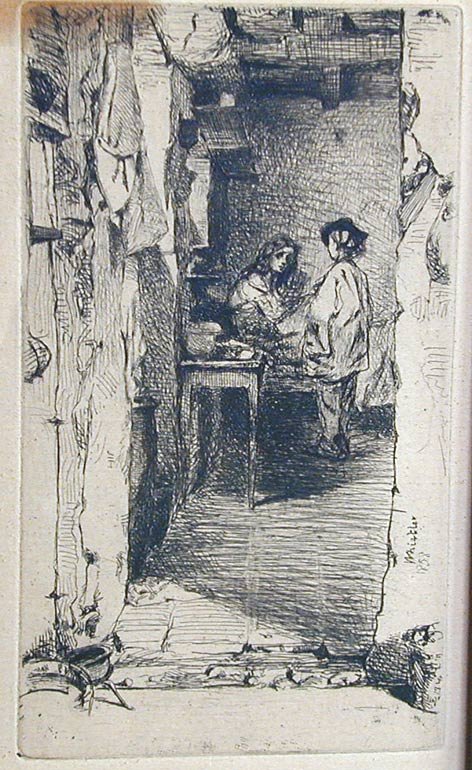 James McNeil Whistler Etching (1834-1903): Titled The Rag Gathers from 1858; catalog raisonne 23, Kennedy; full margins & not laided down,image size 6"H x 3.5" W