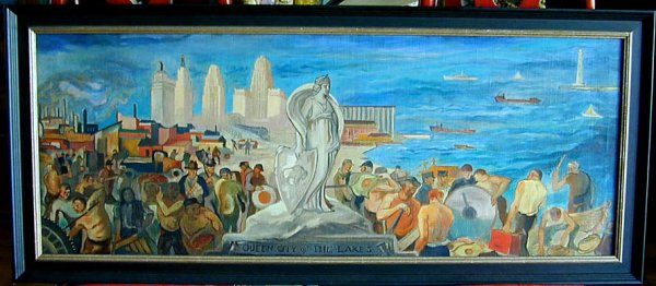 C1930's American WPA Oil on Canvas: Queen City of the Lakes- Buffalo New York, 17" H x 43" W . Probaly a preliminary painting for a WPA mural.
