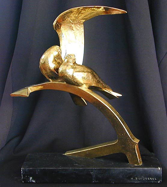 Andre Vincent Becquerel French Bronze Sculpture: French c1920's with gold patina Pair of Doves on anchor. 11" tall 10" wide marble base signed