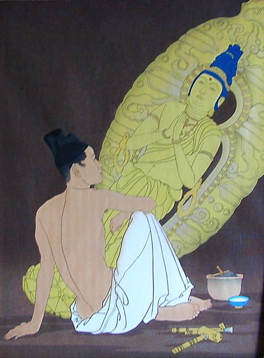 Paul Jacoulet French 1902-1960 Color Woodcut Print: Le Dieu Vivant, #94/350 full margins not laid down 15-5" H x 11-75"W signed