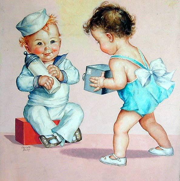 Charlotte Becker Amer.1907-1884 O/B Illustration: Children book illustration titiled en verso Something To Remember You By ( a baby sailor & baby girl) Signed center left. 30"H x 20"W