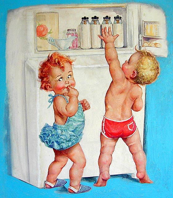 Charlotte Becker Amer.1907-1884 O/B Illustration: Children book illustration titled Stealing Milk, (a baby boy & baby girl by refrigerator) 28"H x 20"W signed lower center right