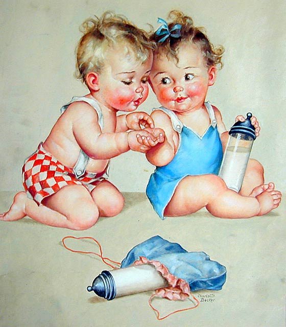 Charlotte Becker Amer.1907-1884 O/B Illustration: Childern book illustration Cute Kids ( a baby boy & girl in affectionate scene) 30"H x 20"W Signed lower right