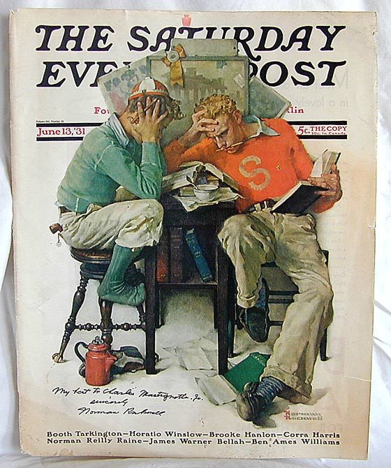 Norman Rockwell Amer 1894-1978 Signed Sat Evening : Autographed signature on Saturday Evening Post Cover June 13, 1931:Inscribed "My Best to Charles Martignette Jr. Sincerely Norman Rockwell. 14" high x 11" wide framed