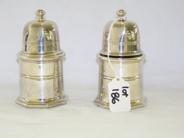 Pr Early Christofle Lidded Honey Pots: 4 3/4" tall 2 5/8" across base ,both with glass inserts and wooden spoons.