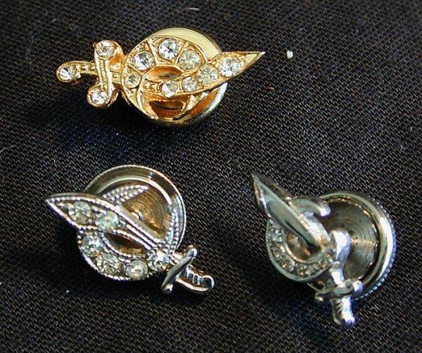 3 MASONIC TIE OR LAPEL PINS: a. 14kt and diamond. b. Sterling silver w/ faux stones. c. Gold tone metal w/ faux stones.
