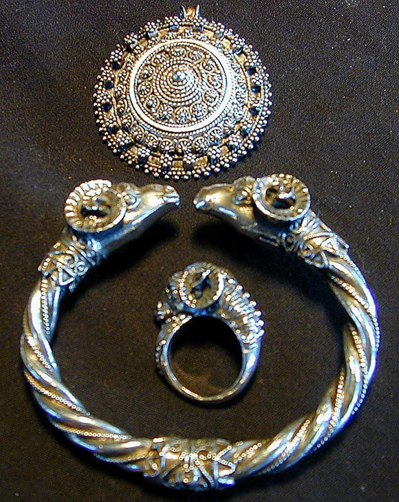 3PC STERLING SILVER BRACELET, RING & PIN: a. Matched 2pc set - bracelet & ring with ram's head design. b. Round granulated pin/pendant.
