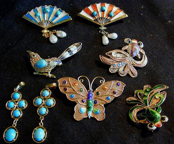 GROUP OF 8 STERLING VERMEIL PIN & PENDANTS: a. 2 Persian turquoise pendants. b. 2 fan shape pin/pendants of enamel, pearl Persian turquoise design. c. Bird pin w/ Persian turquoise & enamel design. d. 2 oriental fish pins w/ colorful enamel des
