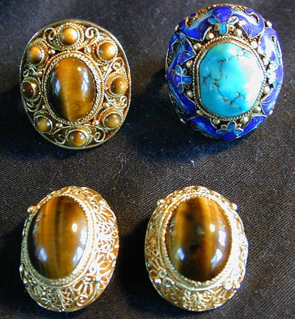 3PC STERLING VERMEIL - RING & EARRINGS/RING SET: a. Ring designed w/ large turquoise stone surrounded by colorful blue enamel. b. Ring w/ matching clip earrings designed w/ large cat's eye stones.