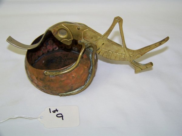 Early Hand Hammered Grasshopper Cigar Cutter: Hand hammered copper ashtray with large brass grasshopper 7 1/4" long app 3" tall.