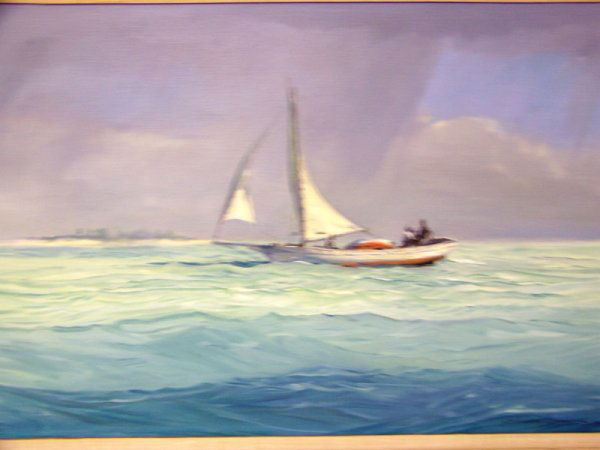 W. Goadby Lawrence Oil on Canvas "Down Wind": Signed oil on canvas of sail boat off the coast of Maine titled " Down Wind" . 29 1/4" across 19 1/2" tall . Frame size is 36 3/4" long 26 3/4 high