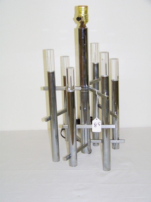 Gaetano Sciolari 1970's Lucite & Chrome Table lamp: 6 supports with lucite tops and chromed metal bases. With brushed stell supports 20 5/8" tall . No shade.