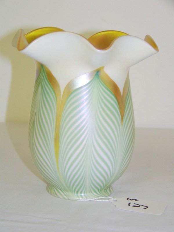 Quezal Signed Pulled Feather Shade: Gold interior and a great green pulled feather design .5 3/8" tall 4 3/4" across