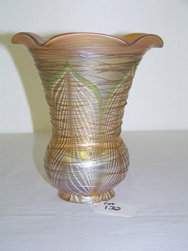 Durand Pulled Feather Shade W/ Gold Threading: With applied glass reeding around whole shade with a green and white pulled feather design . Unsigned stands 6 3/8" tall 5 5/8" across .