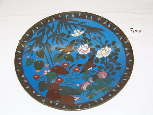 Early Chinese Cloisonne 12" Bird Charger: With birds and flowers and bamboo sprouts.11 7/8" across .Circle design on back.