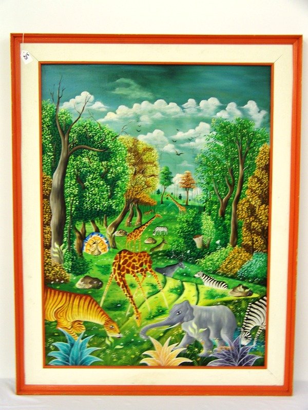 Lg Hatian Signed Michelet O/C Wildlife Scence: With great color and many wild animals. In frame size is 35 3/4" wide and 45 1/2" tall.