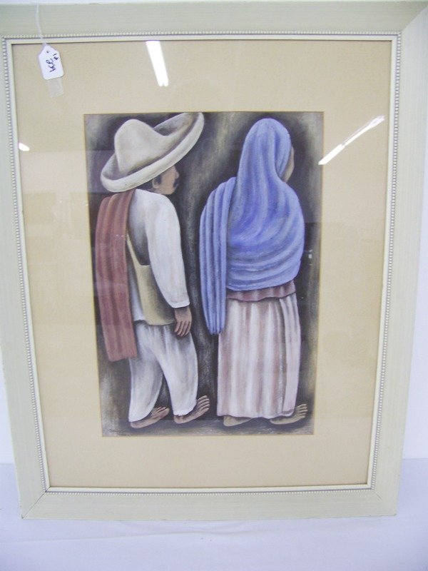Delfino Garcia (Mexican 1917) Listed Watercolor: Great watercolor.Signed Delfino Garcia Taxco . Watercolor size is 19 1/4" tall 13" wide, in frame size is 30 1/4" tall 24" wide.