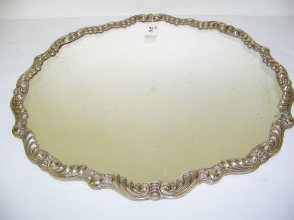Early 800 Silver Mirrored 22" x 18" Dresser Tray: Stamped 800 and something else. Great tray with ornate scroll design.
