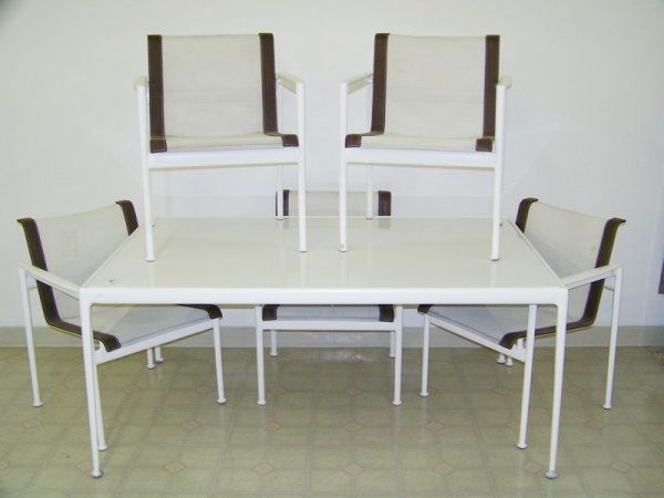 Richard Schultz Table & 5 Chairs: All chairs have metal Richard Schultz label, Dining table has white laq. metal top. Table is 59 3/4" long and 26 1/4" tall. Chairs with leather straps to arms and seats are 29 1/4" tall 23" wide. Grea