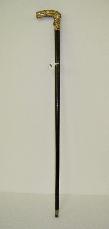 Early Gold Plated Mosiac Top Walking Stick / Cane: Gold plated top , with mosaic symbol on top , also monogramed MR App. 36" long