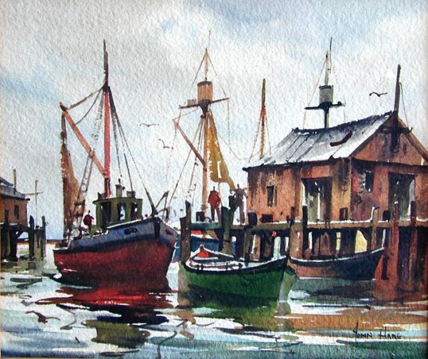 JOHN HARE (AMER. 1908 - 1978) W/C: Watercolor 7" x 8" (sight) titled: "Returning Fishermen: