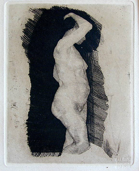 KATHE KOLLWITZ (German 1867 - 1945) Etching: Etching titled: "Stehender Weiblicher Akt" 7" x 5.4" stamped, full margins, not laid down