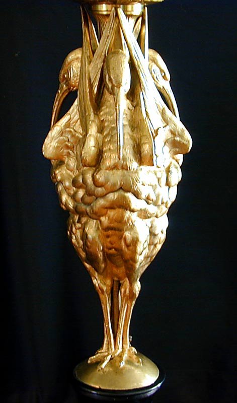 19th C. Bronze Lamp, Attrib. Nicholas CAIN: 19th C. Bronze dore Sculpture of " 3 Cranes " attributed to Auguste Nicholas Cain (French 1821 - 1894)electrified at a later date. The bronze itself is 19" high and the total height of the lamp is 43"