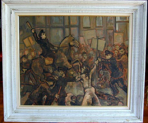 ARTHUR SMITH (AMER. died 1972) WPA ptg.: WPA Oil on board by listed American artist Arthur Smith, 20" x 24", " Depression Food Riots ", signed