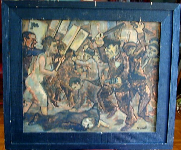 ARTHUR SMITH (Amer. died 1972) WPA ptg.: WPA Oil on board by American artist Arthur Smith, 20" x 24"," Depression Food Riots "signed