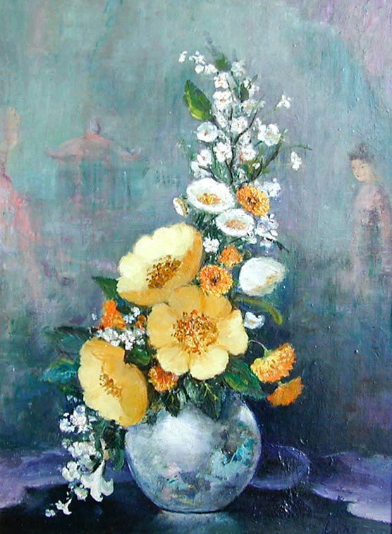 LE PHO (French 1907-2001) OIL: Oil on canvasboard by French artist Le Pho (1907-2001). It is 16" x 12", " Vase of Flowers with Oriental Figure " signed lower right