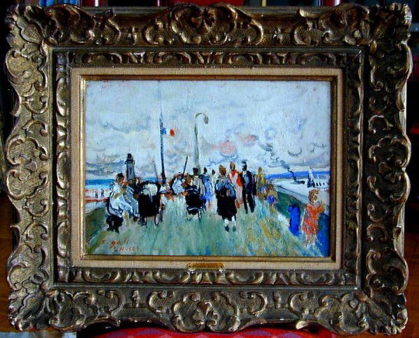 FRANCOIS GALL (French 1912-1987) O/BD: Oil on board by French artist Francois Gall (1912 - 1987). It is 9 1/2" x 13", "Sunday on the Pier" signed