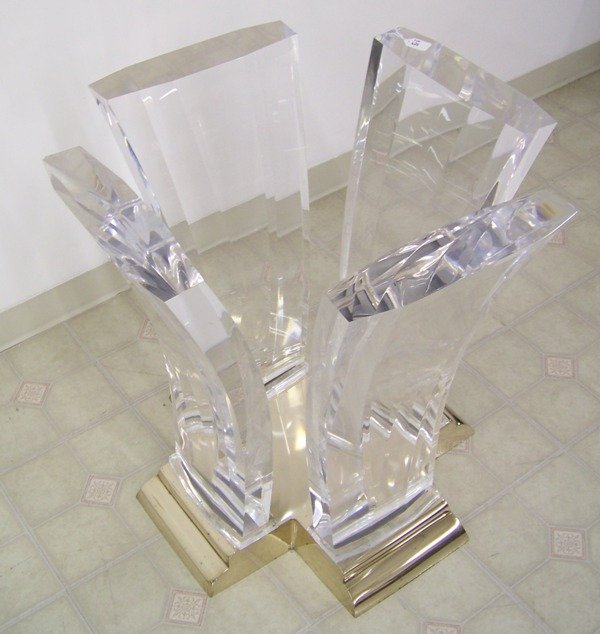 Massive Jeffery Bigelow Lucite & Bronze Table: This Jeffrey Bigelow glass top table is constructed with 3" thick acrylic legs which are connected to the bronze plinth.This design was Jeffrey's first use of bronze casting interfaced with cast acryl
