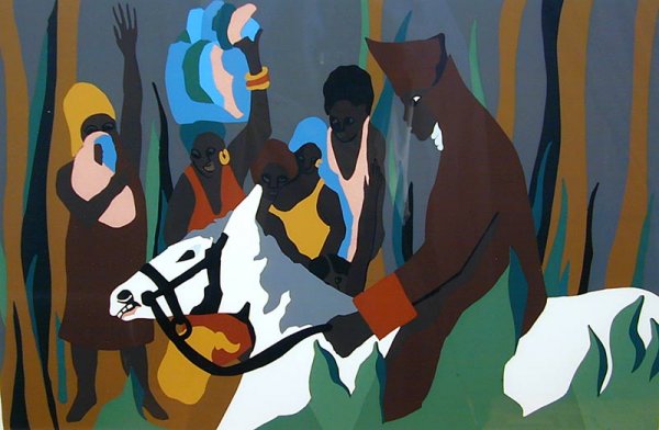 JACOB LAWRENCE, Litho. 1992 signed: American artist Jacob Lawrence (1917-2000)of the Harlem Renaissance School.It is a colored lithograph 18" x 28 1/4" Pencil signed and dated '92, also inscribed with the title: " Domdom ". It is number