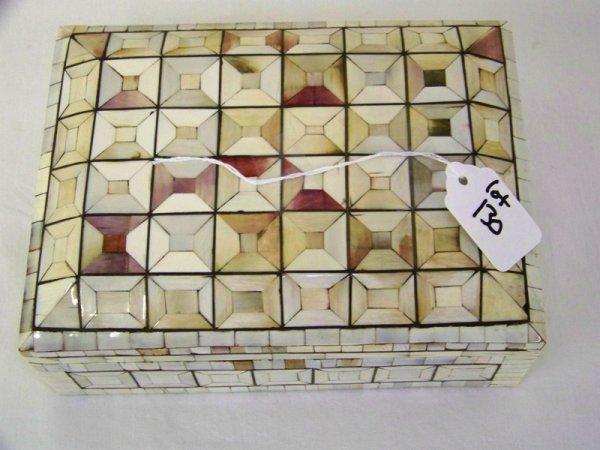 Mid Century Modern Bone & Brass Inlaid Box: Great box with inlaids of brass and mixed colored bone. 7 5/8" long 5 5/8" wide and app. 3" tall.
