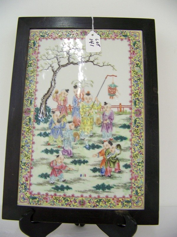 Chinese Famille Rose Plaque W/ Children & Men: Looks to be a birthday party with the kids lighting fireworks or chinese new year. Very well done with great detail.Plaque size in frame is 13" tall and 8 1/2" wide.