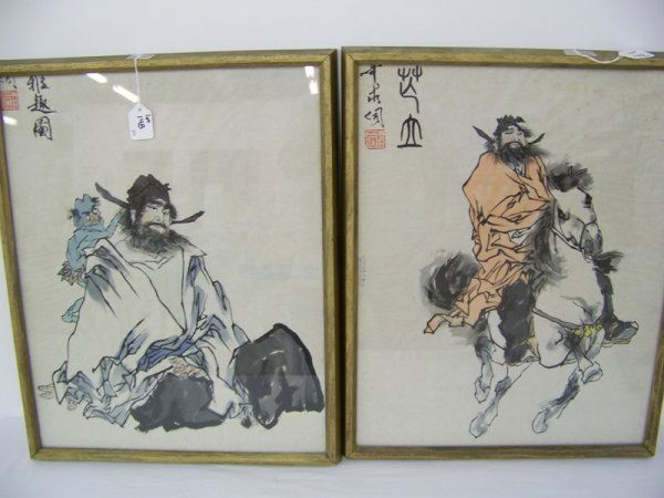 Pair Vintage Japanese W/C On Silk Signed: Both signed by same artist, one of man on rock other man on horse. Both in frame size is 19 1/2" tall 15 1/2" wide.
