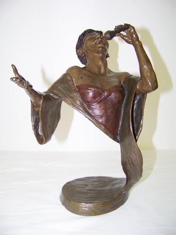 20th C. Mark Hopkins 465/750 Bronze Singer: Nice bronze of female singer signed and liminted 465 of 750. Stands app. 9 3/4" Dated 94.