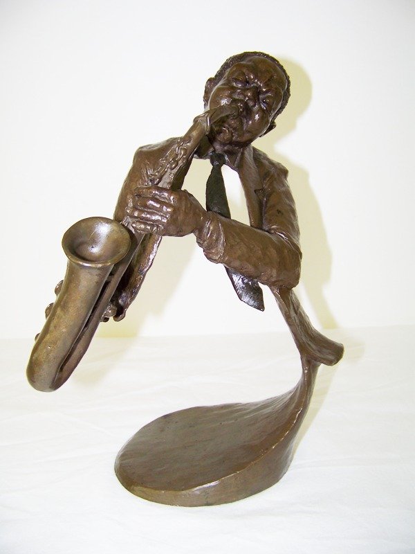 20th C. Mark Hopkins Signed 465/750 Bronze Jazz Pl: Signed and numbered 465 of 750 and dated 91, stands 9 3/4" tall.