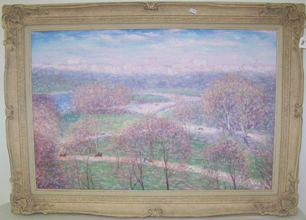 Gail Sherman Corbett ( American 1871-1952) O/C: Oil on canvas of Horse & riders in Central Park New York City, 24" x 36"